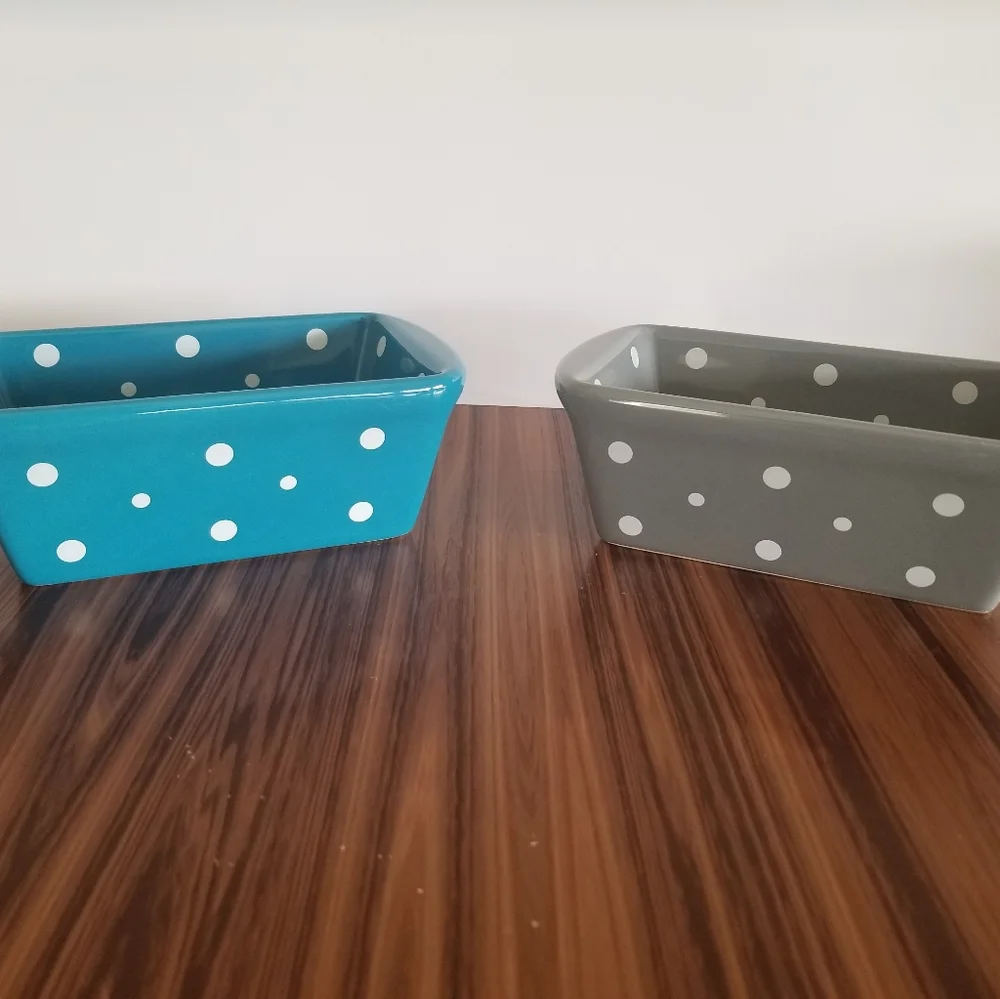 Temp-tations By Tara 2 Ceramic Mini Loaf Pans POLKA DOT Turqoise Gray With Lids.